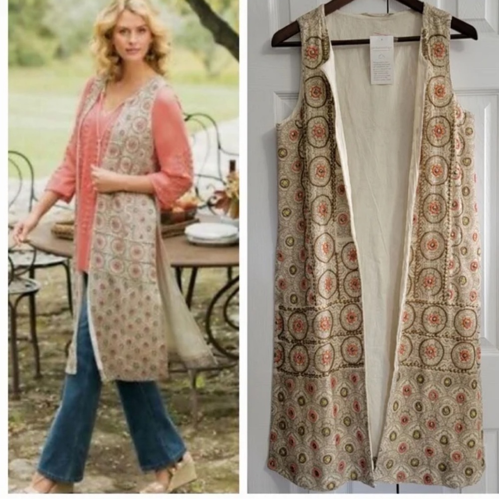 Soft Surroundings Cream and Apricot Open Front Midi Vest Chic Layering Essential